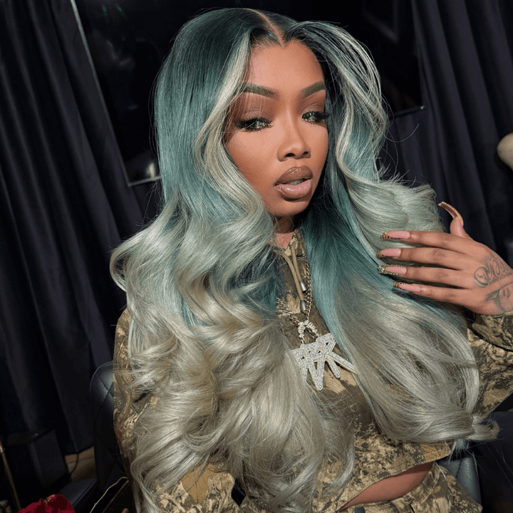 SZC Ombre Ash Blue Gray Skunk Stripe 13x4 HD Lace Front Human Hair Wig