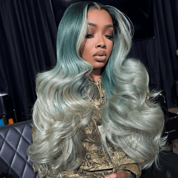 SZC Ombre Ash Blue Gray Skunk Stripe 13x4 HD Lace Front Human Hair Wig