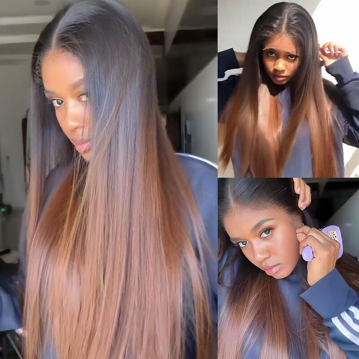 SZC Ombre Black Brown Bone Straight 13x4 HD Lace Front Human Hair Wigs