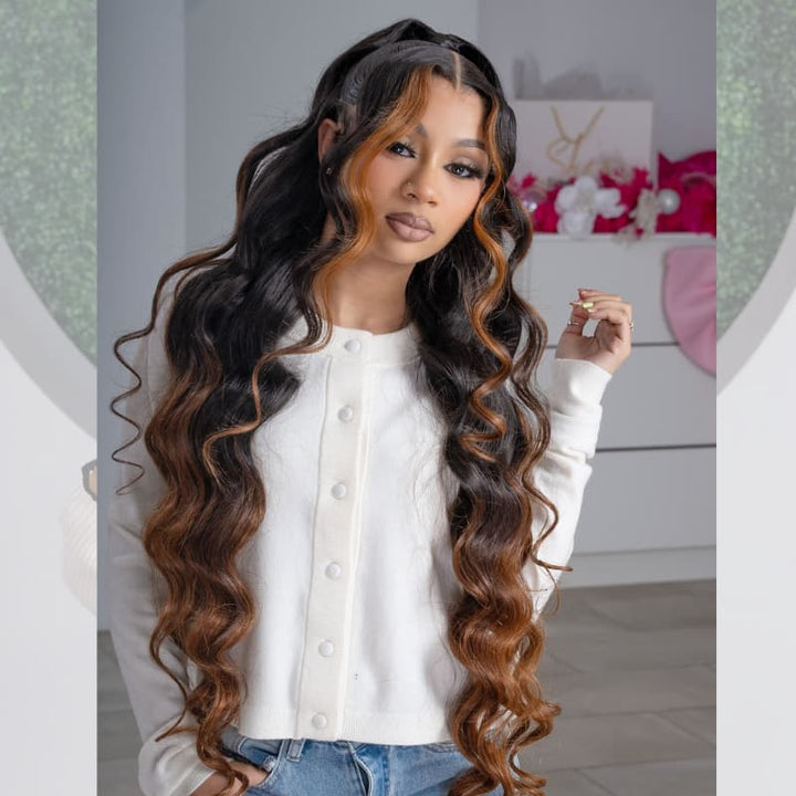 SZC Ombre Black Brown Skunk Stripe 42 40 38 36 34 32 30 inch Knee Length 13x4 Lace Front Virgin Human Hair Wigs