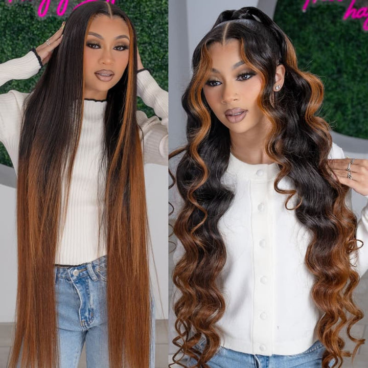 SZC Ombre Black Brown Skunk Stripe 42 40 38 36 34 32 30 inch Knee Length 13x4 Lace Front Virgin Human Hair Wigs