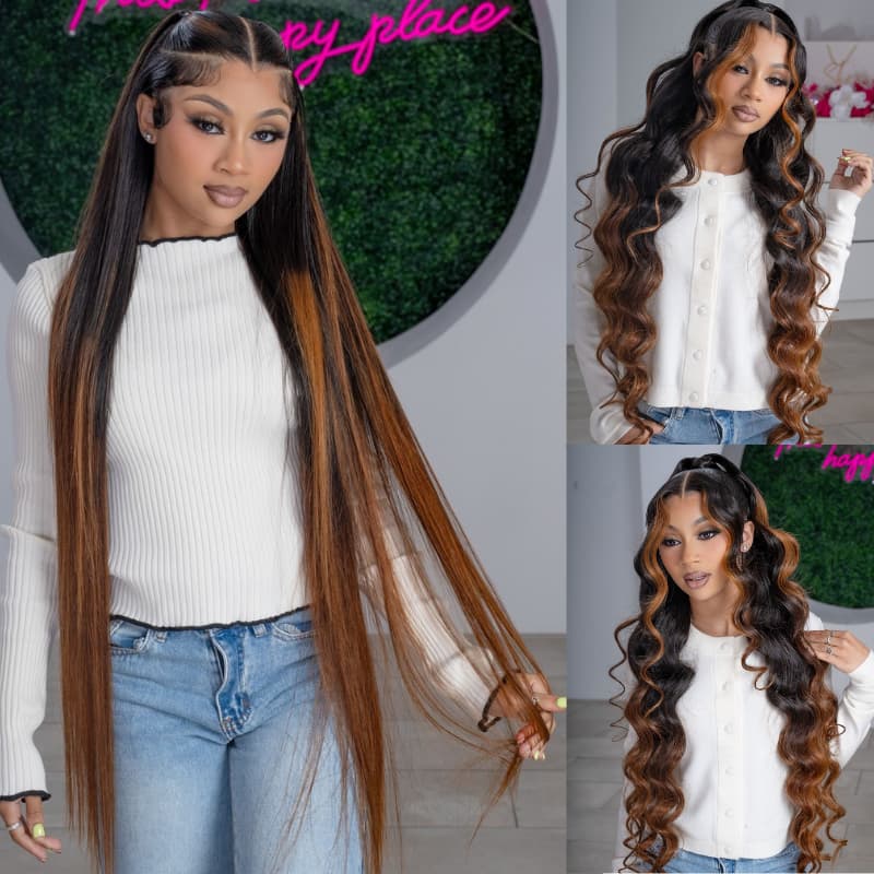 SZC Ombre Black Brown Skunk Stripe 42 40 38 36 34 32 30 inch Knee Length 13x4 Lace Front Virgin Human Hair Wigs