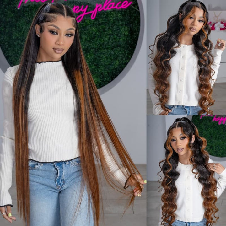 SZC Ombre Black Brown Skunk Stripe 42 40 38 36 34 32 30 inch Knee Length 13x4 Lace Front Virgin Human Hair Wigs