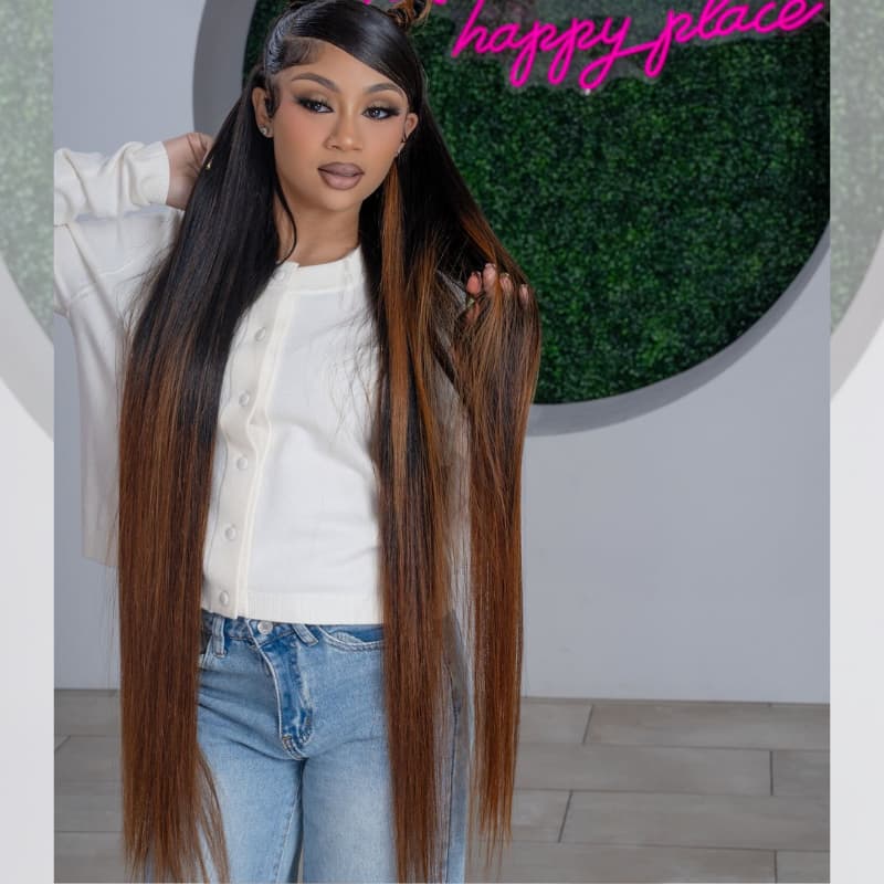 SZC Ombre Black Brown Skunk Stripe 42 40 38 36 34 32 30 inch Knee Length 13x4 Lace Front Virgin Human Hair Wigs