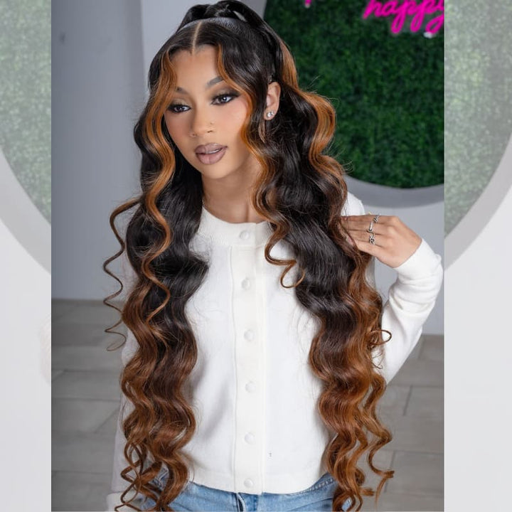 SZC Ombre Black Brown Skunk Stripe 42 40 38 36 34 32 30 inch Knee Length 13x4 Lace Front Virgin Human Hair Wigs