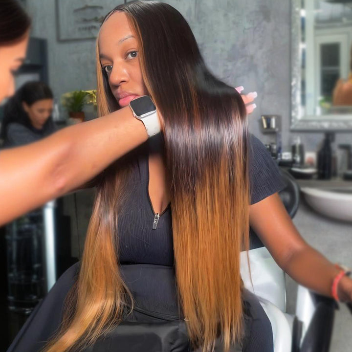 SZC Ombre Black Brown Skunk Stripe Bone Straight 13x4 Lace Front Virgin Human Hair Wigs