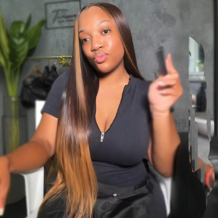 SZC Ombre Black Brown Skunk Stripe Bone Straight 13x4 Lace Front Virgin Human Hair Wigs
