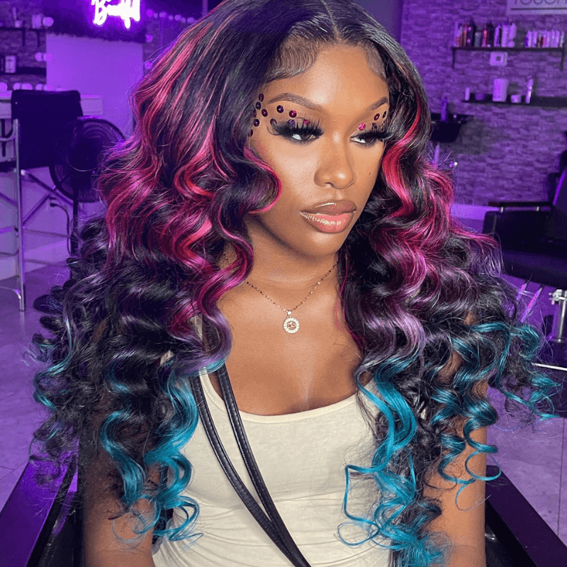 SZC Ombre Black With Red Blue Highlights HD Lace Front Human Hair Wig