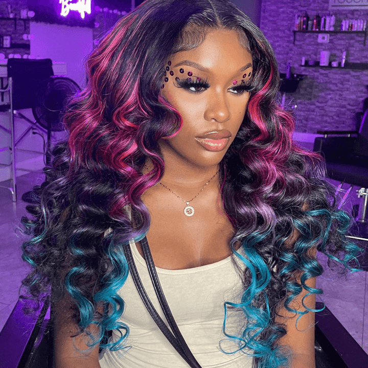 SZC Ombre Black With Red Blue Highlights HD Lace Front Human Hair Wig
