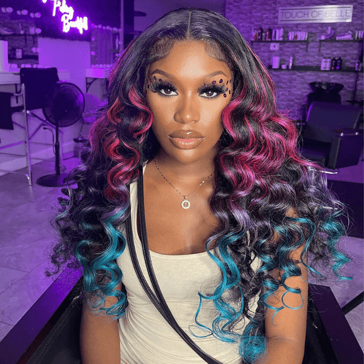 SZC Ombre Black With Red Blue Highlights HD Lace Front Human Hair Wig