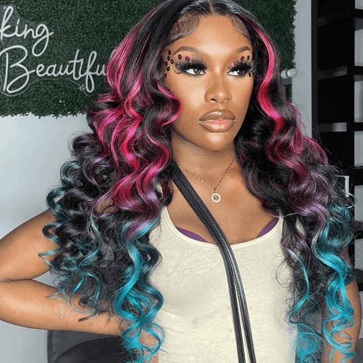 SZC Ombre Black With Red Blue Highlights HD Lace Front Human Hair Wig
