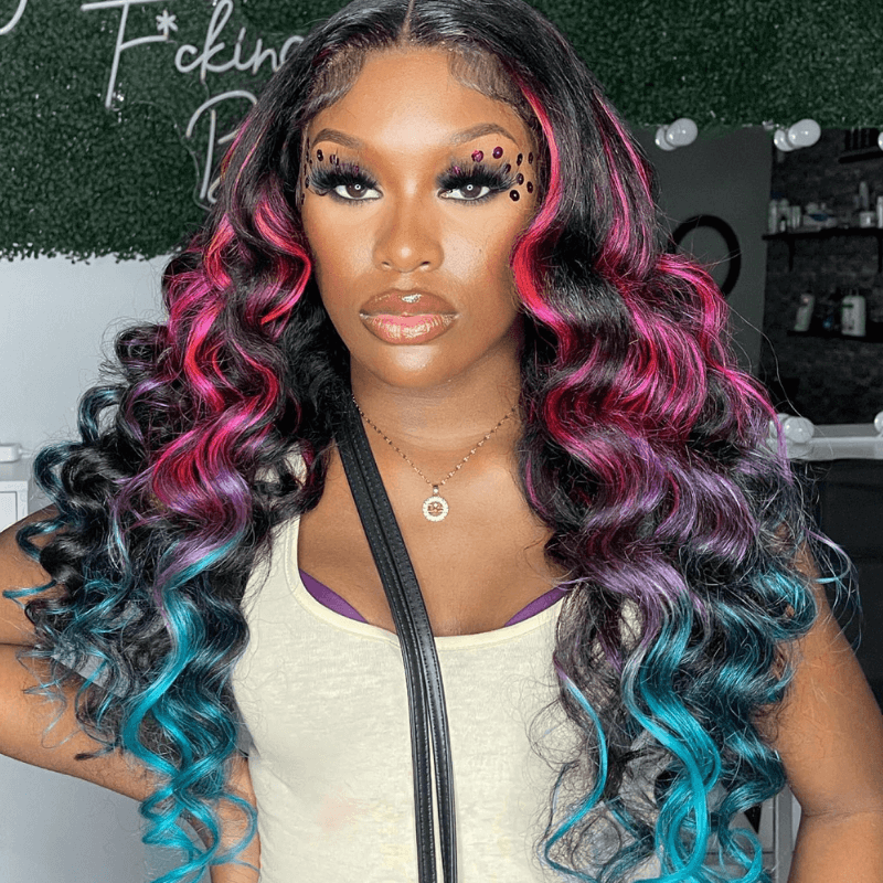 SZC Ombre Black With Red Blue Highlights HD Lace Front Human Hair Wig