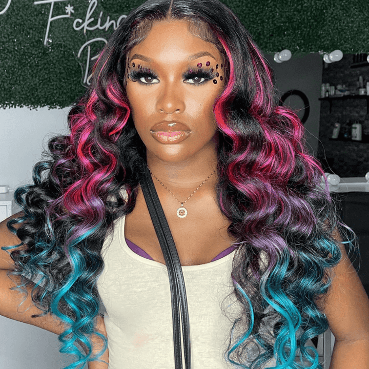 SZC Ombre Black With Red Blue Highlights HD Lace Front Human Hair Wig