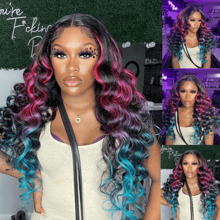 SZC Ombre Black With Red Blue Highlights HD Lace Front Human Hair Wig