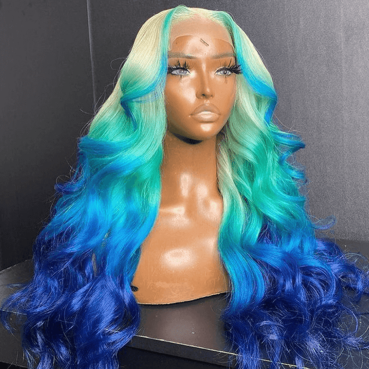 SZC Ombre Blonde Blue Skunk Stripe Lace Front Human Hair Wig 200 Density