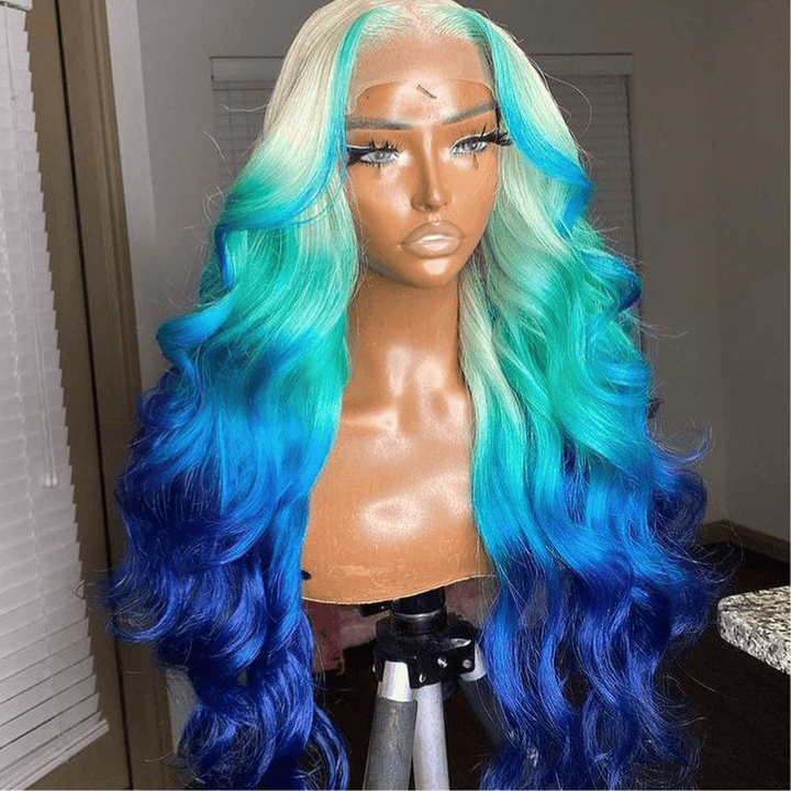 SZC Ombre Blonde Blue Skunk Stripe Lace Front Human Hair Wig 200 Density