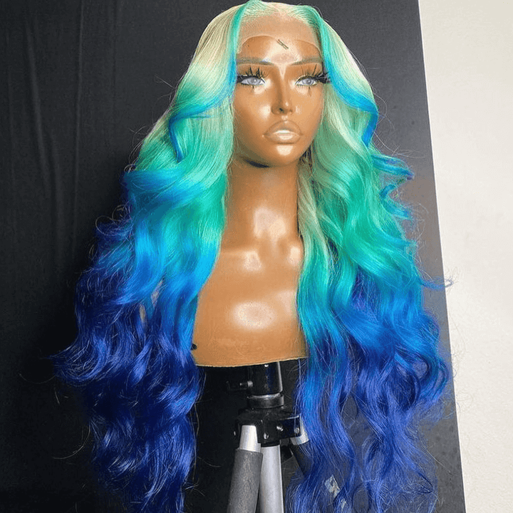 SZC Ombre Blonde Blue Skunk Stripe Lace Front Human Hair Wig 200 Density