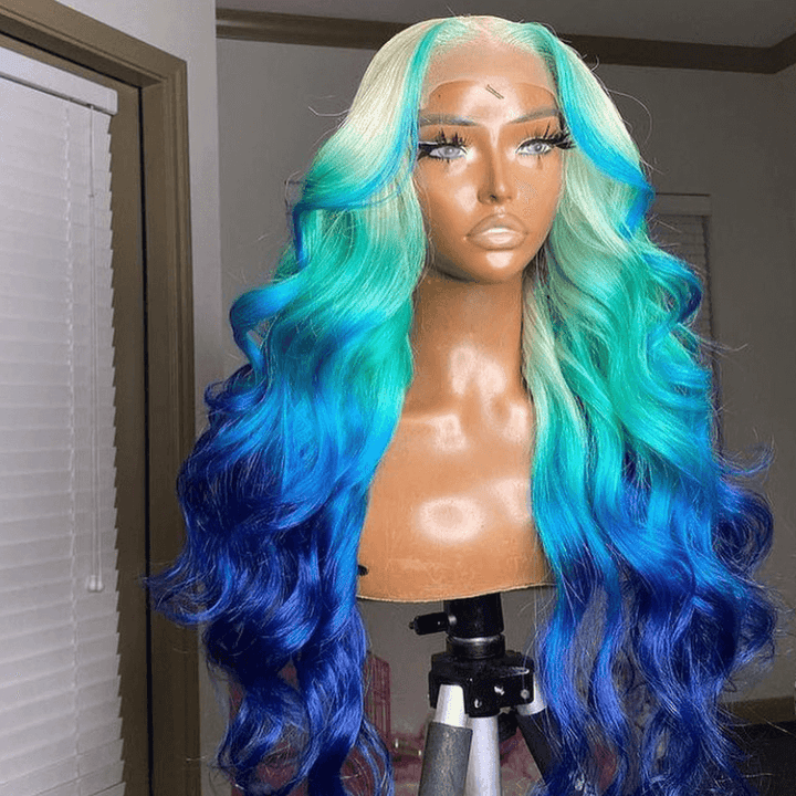 SZC Ombre Blonde Blue Skunk Stripe Lace Front Human Hair Wig 200 Density