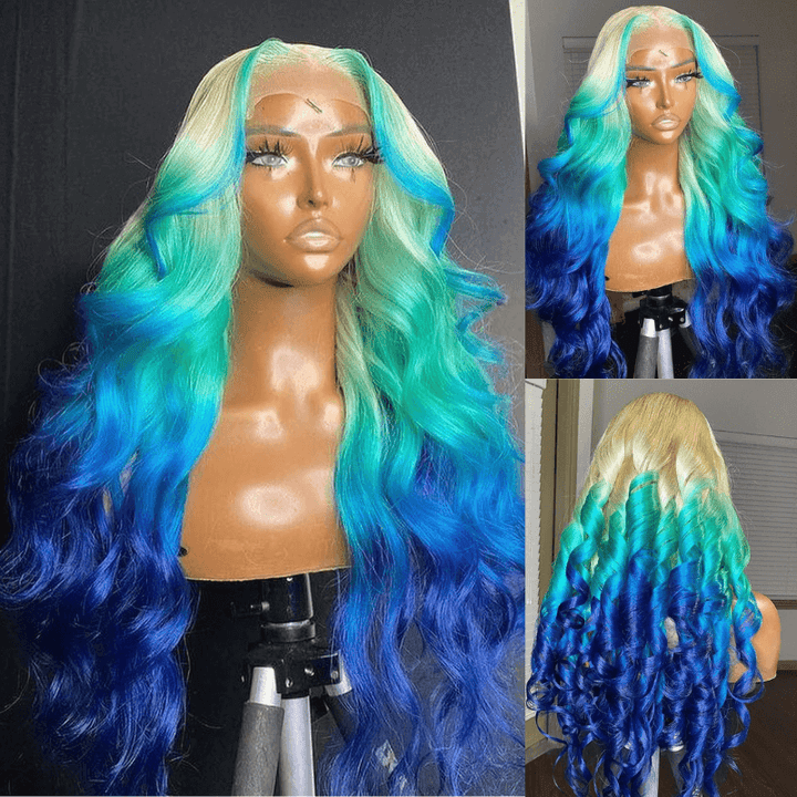 SZC Ombre Blonde Blue Skunk Stripe Lace Front Human Hair Wig 200 Density