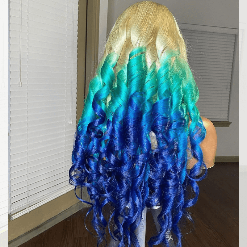 SZC Ombre Blonde Blue Skunk Stripe Lace Front Human Hair Wig 200 Density