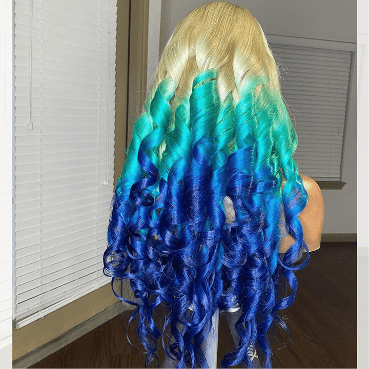 SZC Ombre Blonde Blue Skunk Stripe Lace Front Human Hair Wig 200 Density