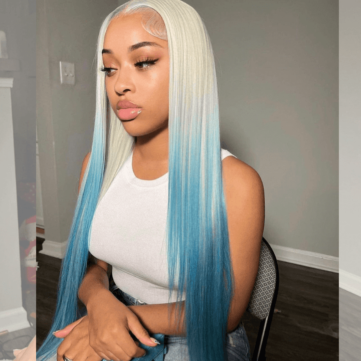 SZC Ombre Blonde Ocean Blue Straight Lace Front Virgin Human Hair Wigs
