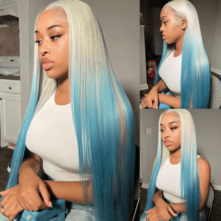 SZC Ombre Blonde Ocean Blue Straight Lace Front Virgin Human Hair Wigs