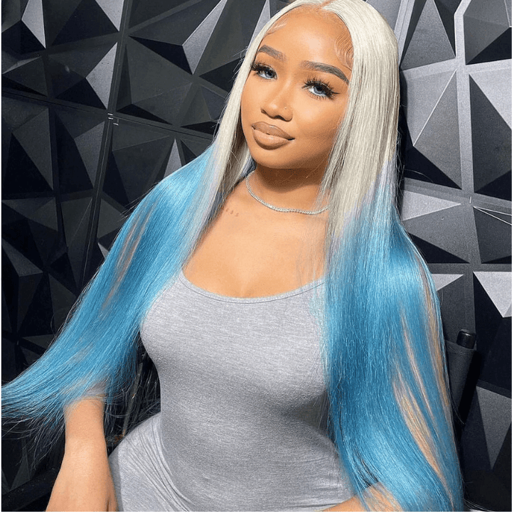 SZC Ombre Blonde Ocean Blue Straight Lace Front Virgin Human Hair Wigs