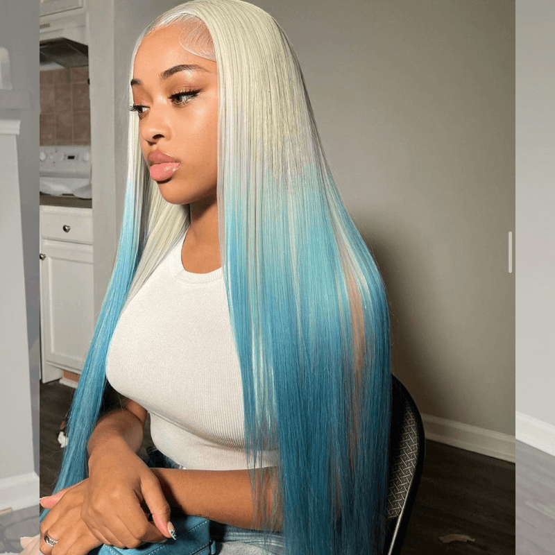 SZC Ombre Blonde Ocean Blue Straight Lace Front Virgin Human Hair Wigs
