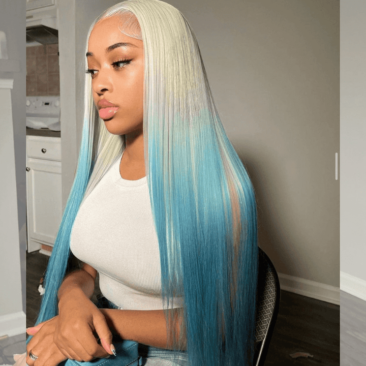 SZC Ombre Blonde Ocean Blue Straight Lace Front Virgin Human Hair Wigs