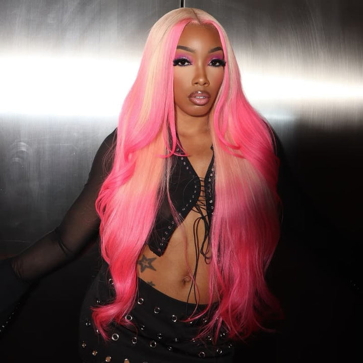 SZC Halloween Cosplay Ombre Blonde Pink 13x4 Lace Front Virgin Human Hair Wigs