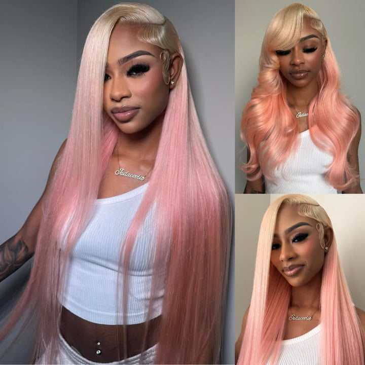 SZC Ombre Blonde Pink Straight Body Wave 13x4 Lace Front Virgin Human Hair Wigs