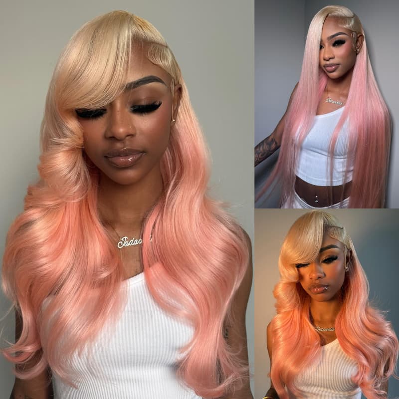 SZC Ombre Blonde Pink Straight Body Wave 13x4 Lace Front Virgin Human Hair Wigs