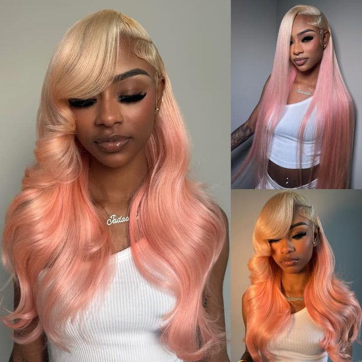 SZC Ombre Blonde Pink Straight Body Wave 13x4 Lace Front Virgin Human Hair Wigs