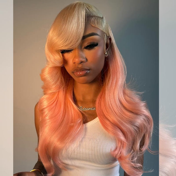SZC Ombre Blonde Pink Straight Body Wave 13x4 Lace Front Virgin Human Hair Wigs