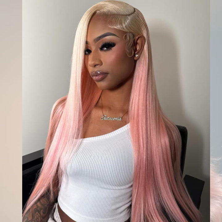 SZC Ombre Blonde Pink Straight Body Wave 13x4 Lace Front Virgin Human Hair Wigs