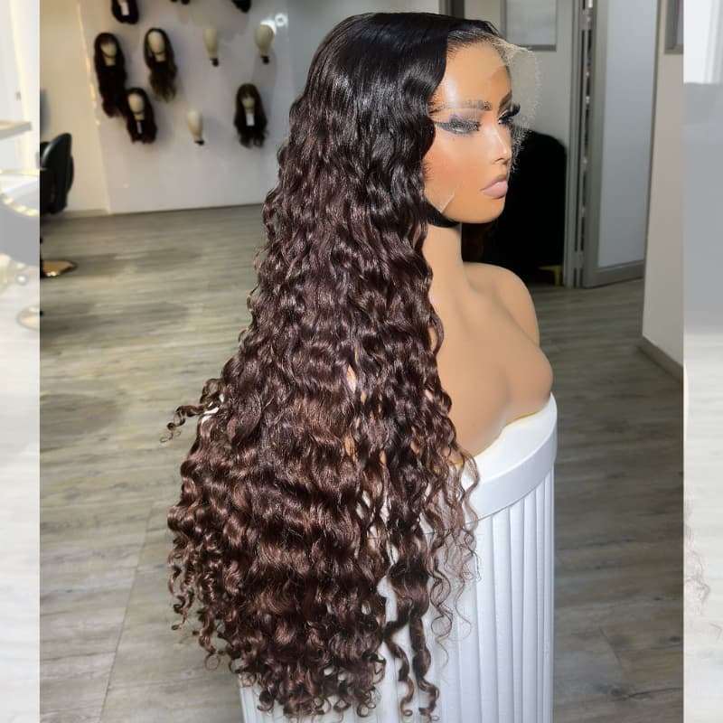 SZC Ombre Brown Dark Roots Burmese Curly 13x4 Lace Front Human Hair Wig 250 300 Density