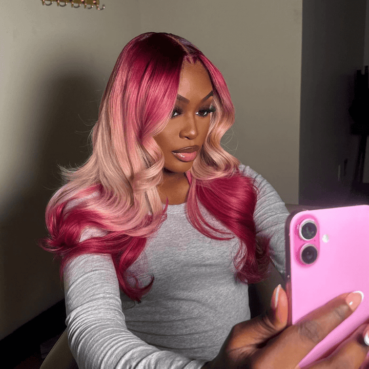 SZC Ombre Dark Red Peach Pink With Dark Roots Body Wave Huamn Hair Wig