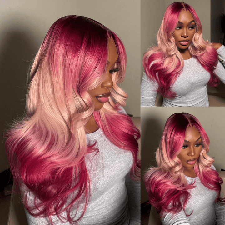 SZC Ombre Dark Red Peach Pink With Dark Roots Body Wave Huamn Hair Wig
