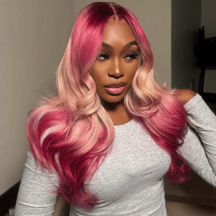 SZC Ombre Dark Red Peach Pink With Dark Roots Body Wave Huamn Hair Wig