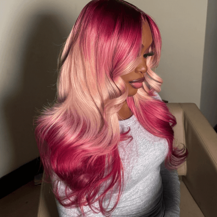 SZC Ombre Dark Red Peach Pink With Dark Roots Body Wave Huamn Hair Wig