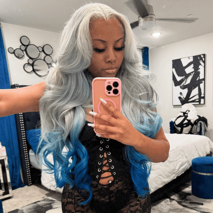 SZC Ombre Gray Blue Colored Wig 200 Density HD Lace Front Human Hair Wigs