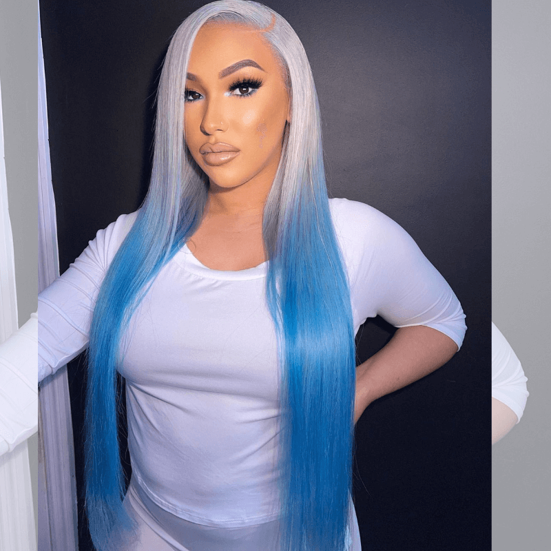 SZC Ombre Gray Ocean Blue Straight Body Wave HD Lace Front Human Hair Wigs
