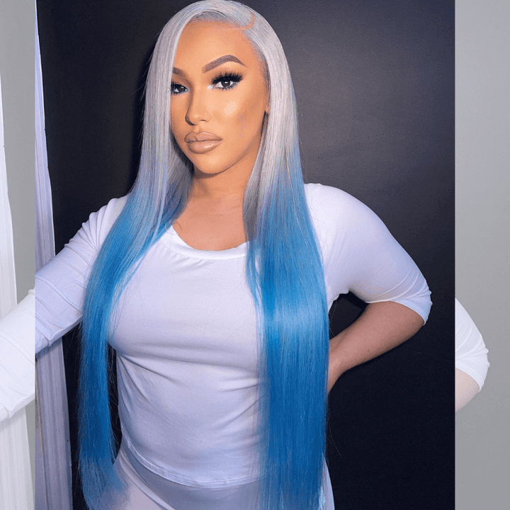 SZC Ombre Gray Ocean Blue Straight Body Wave HD Lace Front Human Hair Wigs