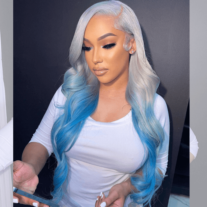 SZC Ombre Gray Ocean Blue Straight Body Wave HD Lace Front Human Hair Wigs