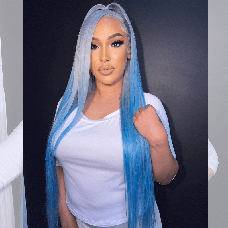 SZC Ombre Gray Ocean Blue Straight Body Wave HD Lace Front Human Hair Wigs