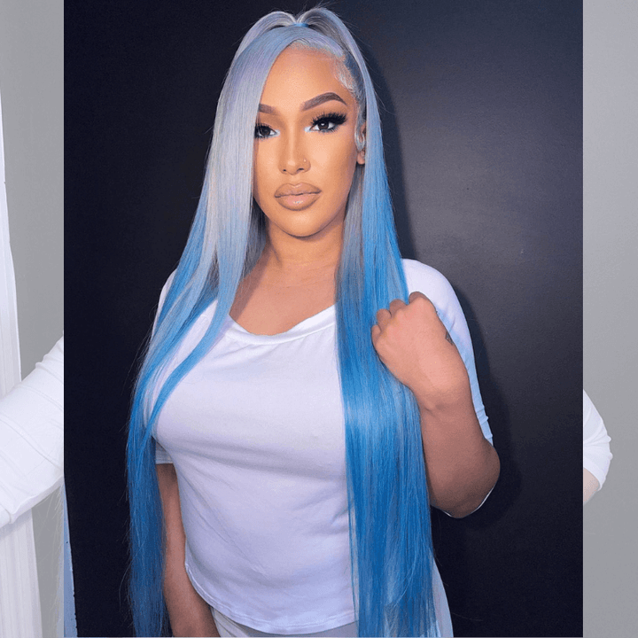 SZC Ombre Gray Ocean Blue Straight Body Wave HD Lace Front Human Hair Wigs
