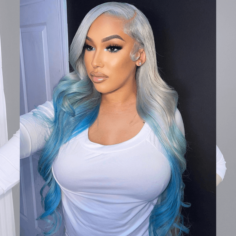 SZC Ombre Gray Ocean Blue Straight Body Wave HD Lace Front Human Hair Wigs