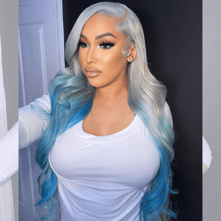 SZC Ombre Gray Ocean Blue Straight Body Wave HD Lace Front Human Hair Wigs