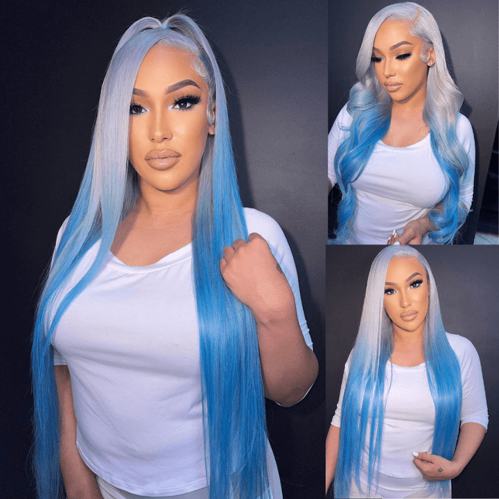 SZC Ombre Gray Ocean Blue Straight Body Wave HD Lace Front Human Hair Wigs